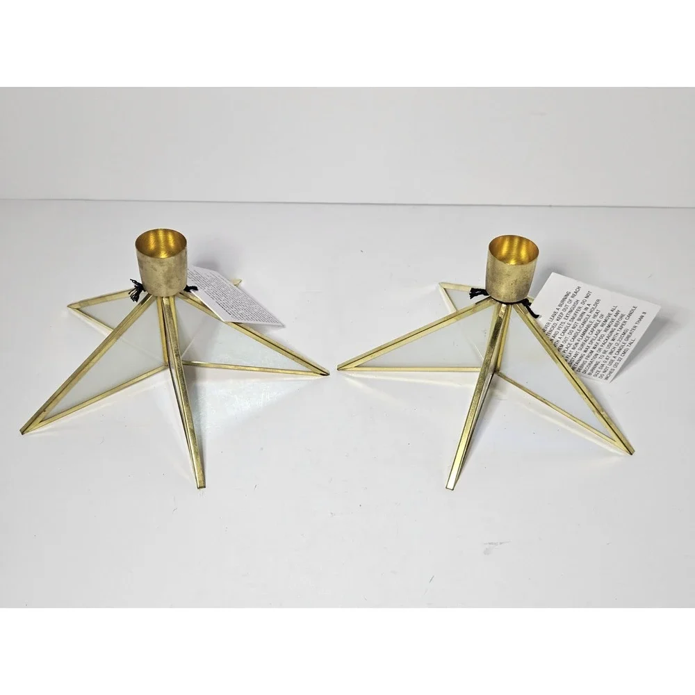 Set of‎ 2 Target Star Taper Candle Holders Gold Brass Leaded Glass Christmas NWT